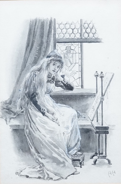Alice Havers (1850-1890), monochrome ink and wash, ‘The Imprisoned Princess’, monogrammed, 18 x 12cm. Condition - fair